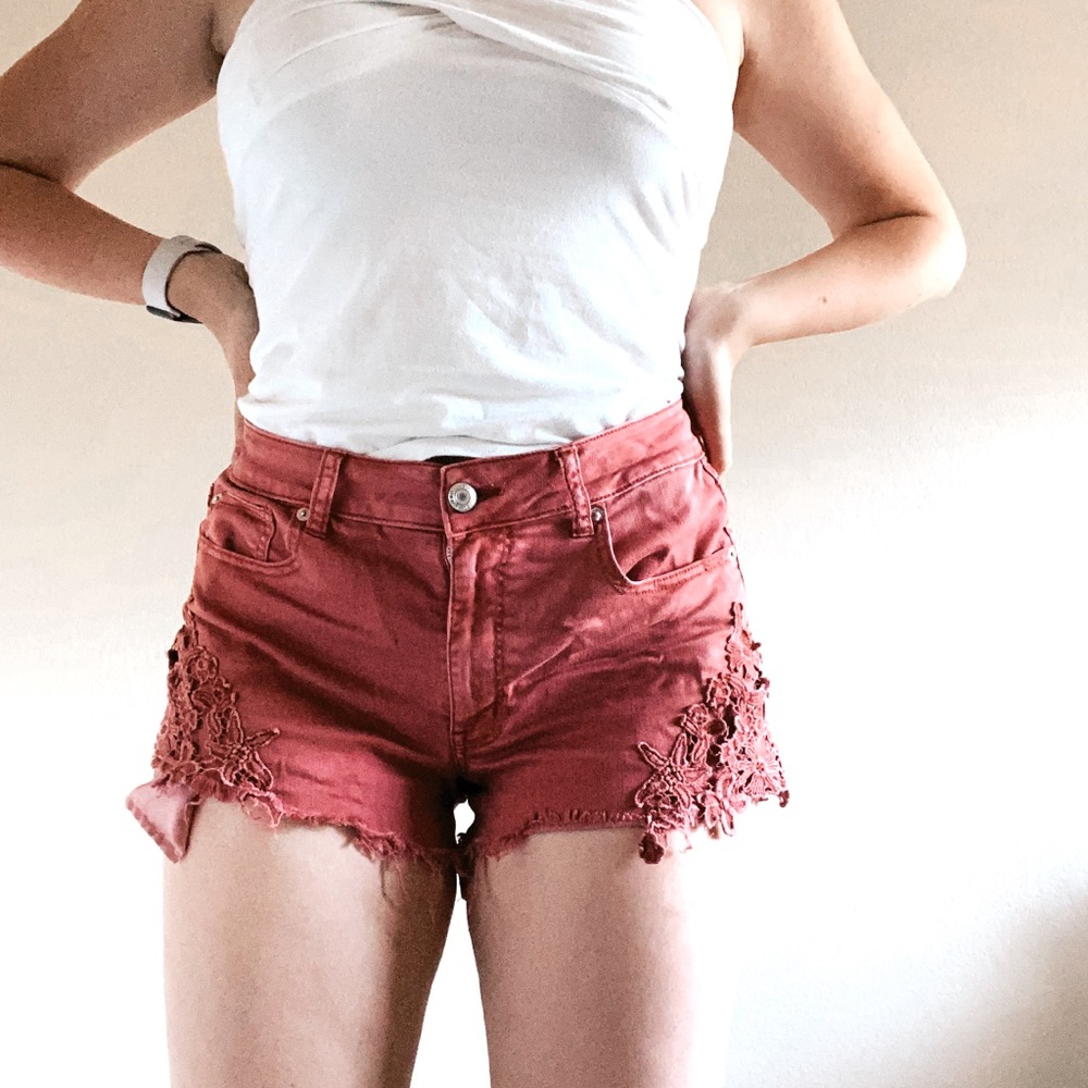 American Eagle Red High Waisted Denim Shorts